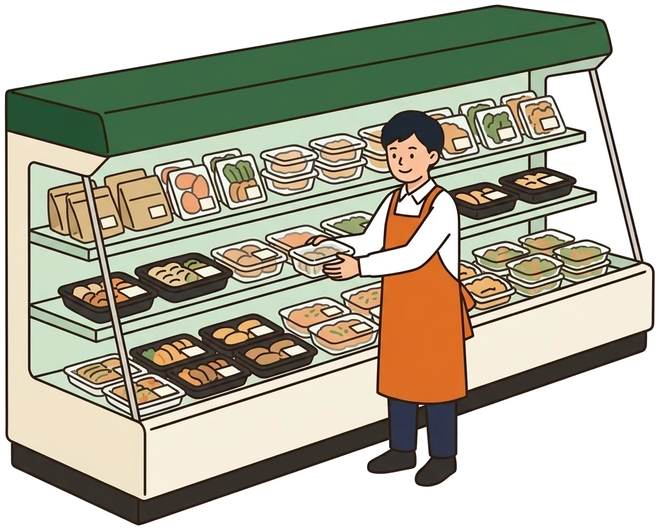 お惣菜売場で、容器に入ったお惣菜を棚に並べる店員のイラスト